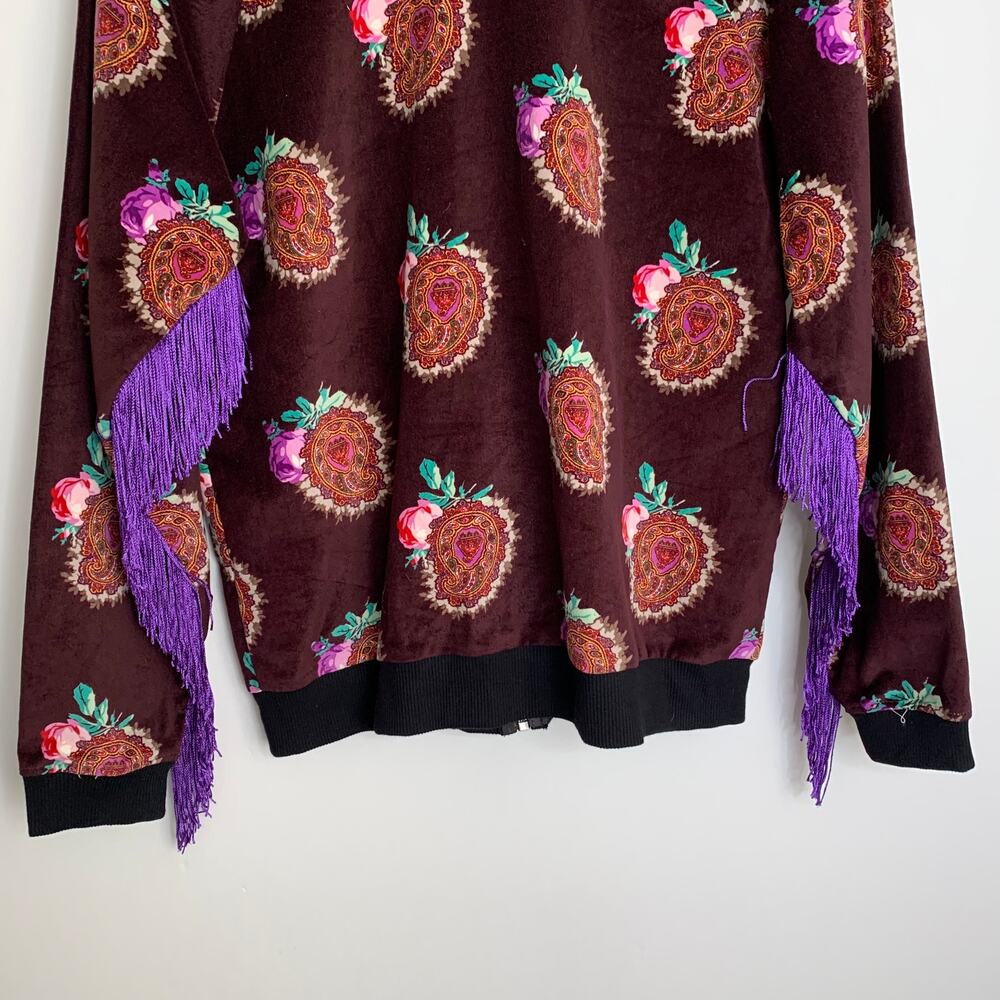 Moon & Nomad Mixed Emotions Velvet Bomber Jacket Burgundy Purple Fringe Medium - Picture 6 of 14